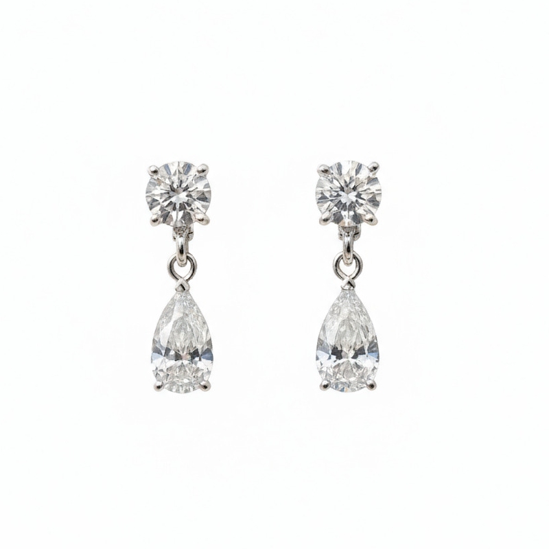 S925 Silver Pear and Round Brilliant Cut Diamond Drop Earrings