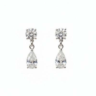 S925 Silver Pear and Round Brilliant Cut Diamond Drop Earrings