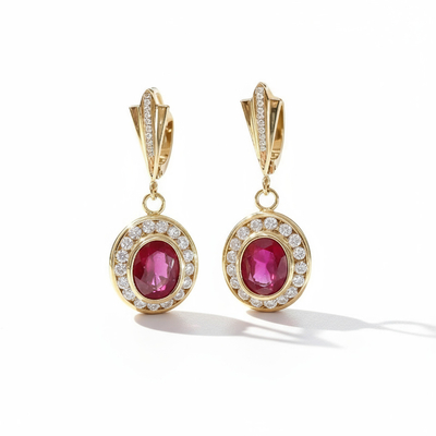 S925 Silver Ruby Oval Cut Halo Drop Earrings