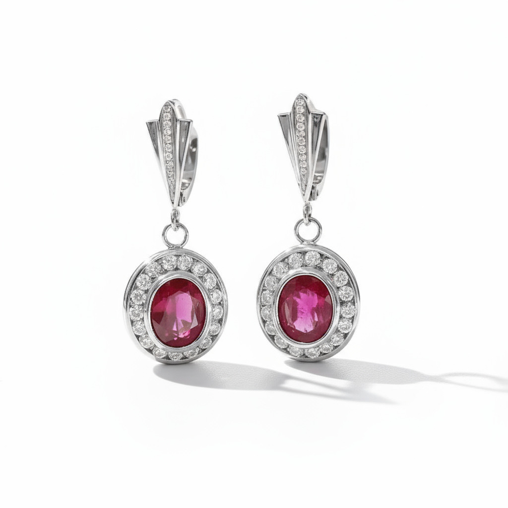 S925 Silver Ruby Oval Cut Halo Drop Earrings