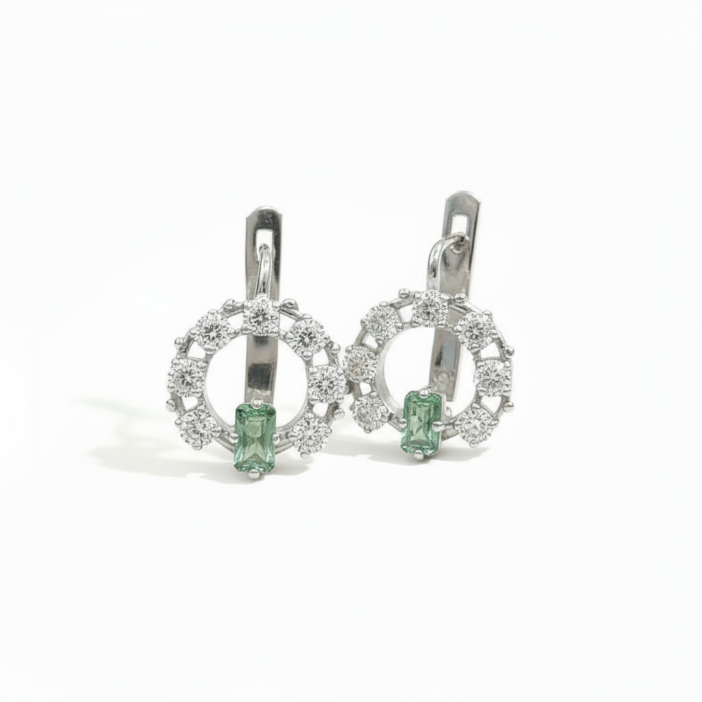 S925 Silver Emerald and Round Diamond Halo Earrings S925 Silver Emerald and Round Diamond Halo Earrings
