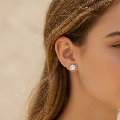 S925 Silver Round Diamond Flower Shaped Stud Earrings