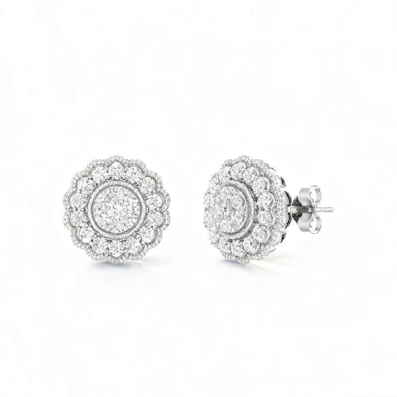 S925 Silver Round Diamond Flower Shaped Stud Earrings S925 Silver Round Diamond Flower Shaped Stud Earrings