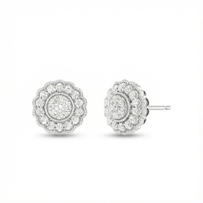 S925 Silver Round Diamond Flower Shaped Stud Earrings