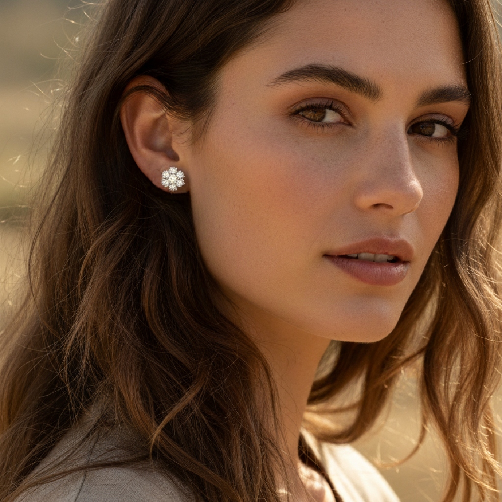 S925 Silver Round Diamond Flower Stud Earrings (A Pair) S925 Silver Round Diamond Flower Stud Earrings (A Pair)