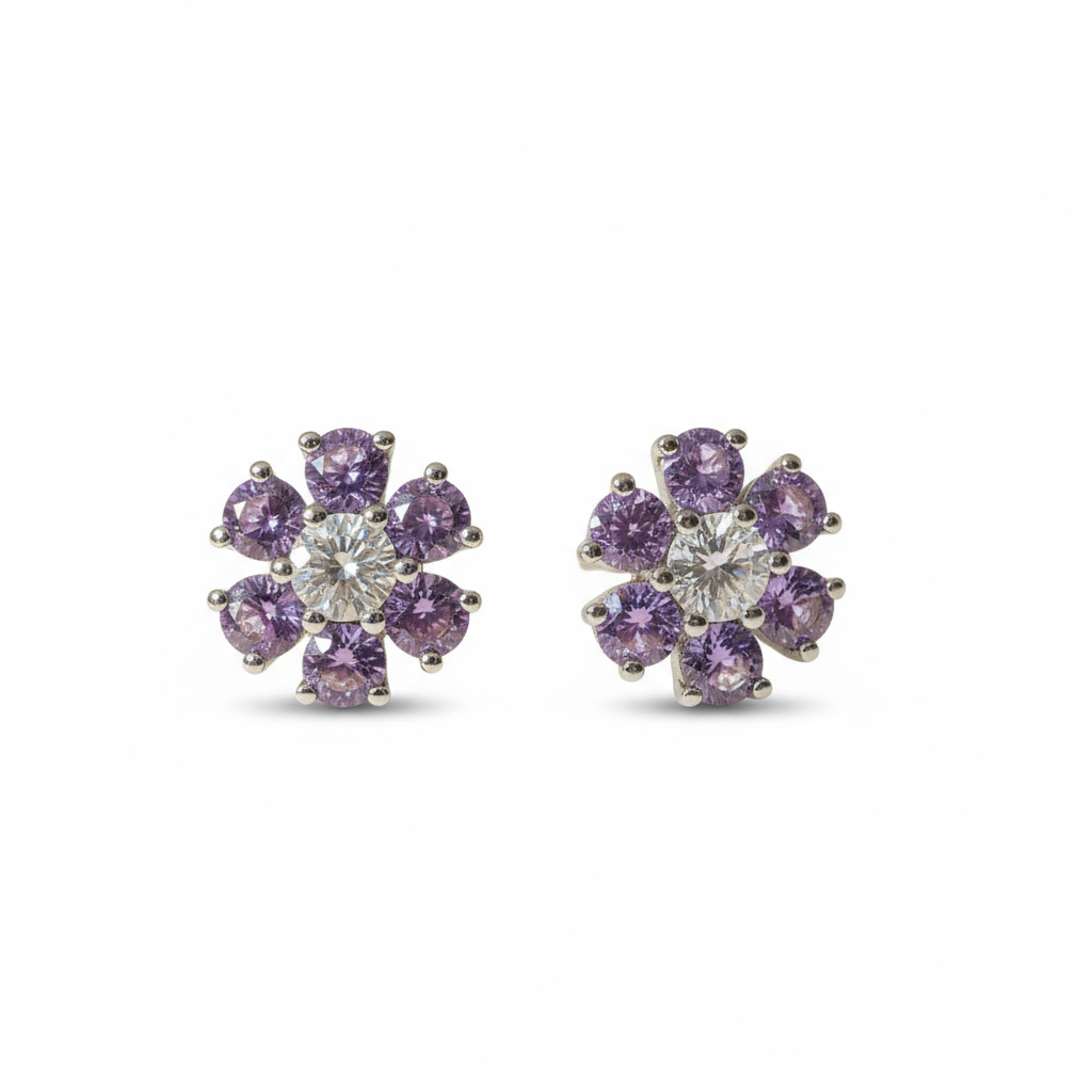 S925 Silver Round Diamond Flower Stud Earrings (A Pair) S925 Silver Round Diamond Flower Stud Earrings (A Pair)