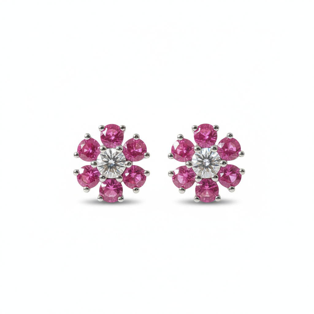 S925 Silver Round Diamond Flower Stud Earrings (A Pair) S925 Silver Round Diamond Flower Stud Earrings (A Pair)