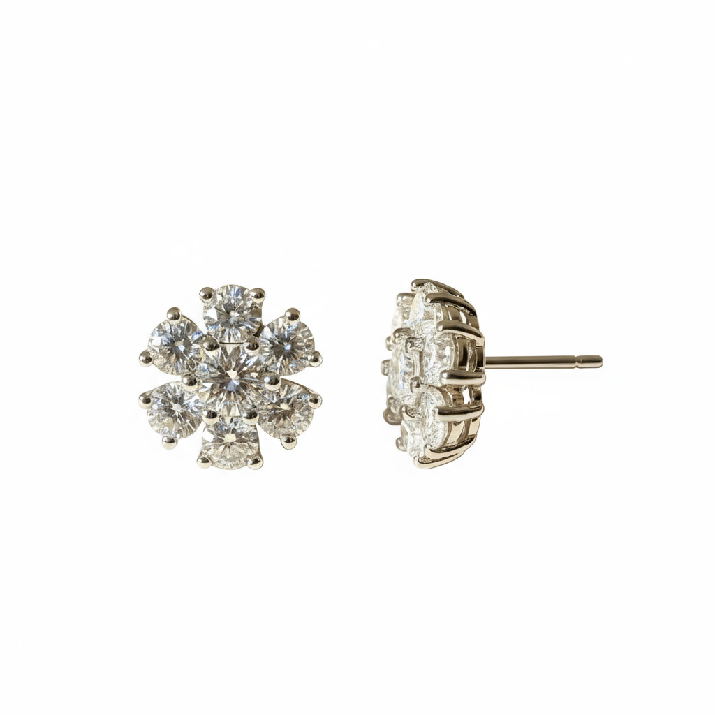 S925 Silver Round Diamond Flower Stud Earrings (A Pair) S925 Silver Round Diamond Flower Stud Earrings (A Pair)