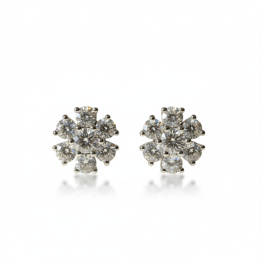 S925 Silver Round Diamond Flower Stud Earrings (A Pair) S925 Silver Round Diamond Flower Stud Earrings (A Pair)