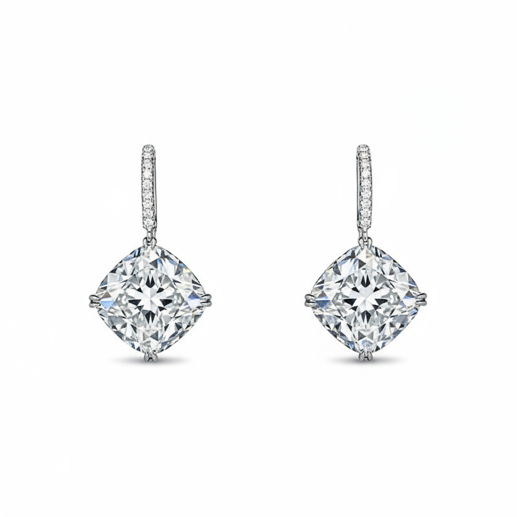 S925 Silver Cushion Diamond Drop Earrings