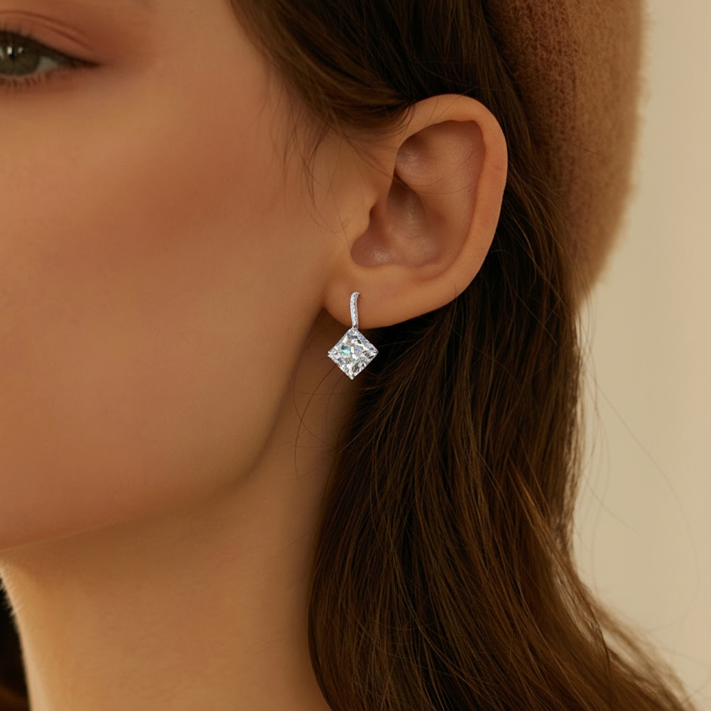 S925 Silver Cushion Diamond Drop Earrings