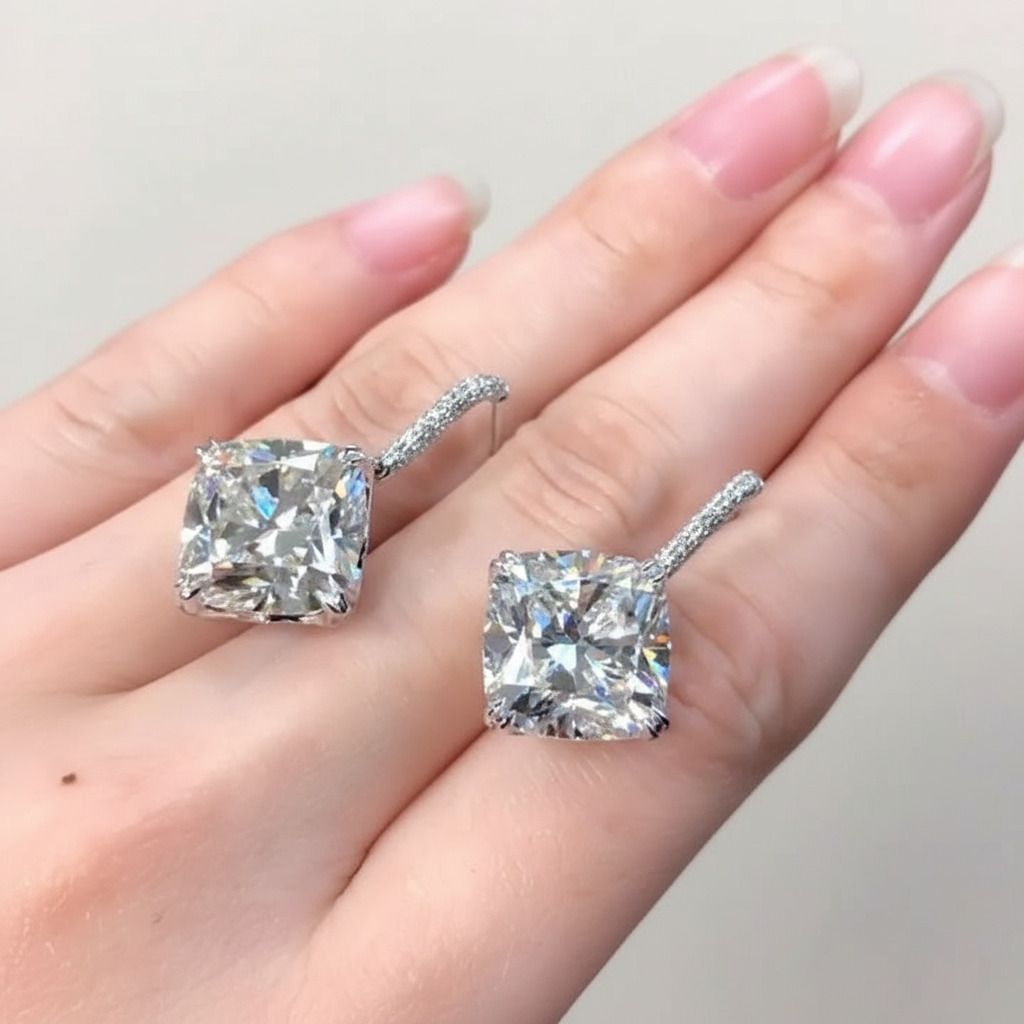 S925 Silver Cushion Diamond Drop Earrings