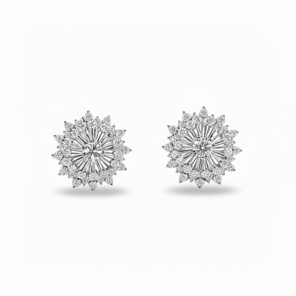 S925 Silver Round Diamond Floral Stud Earrings S925 Silver Round Diamond Floral Stud Earrings