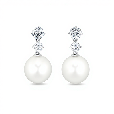 S925 Silver Round Diamond & Pearl Drop Earrings