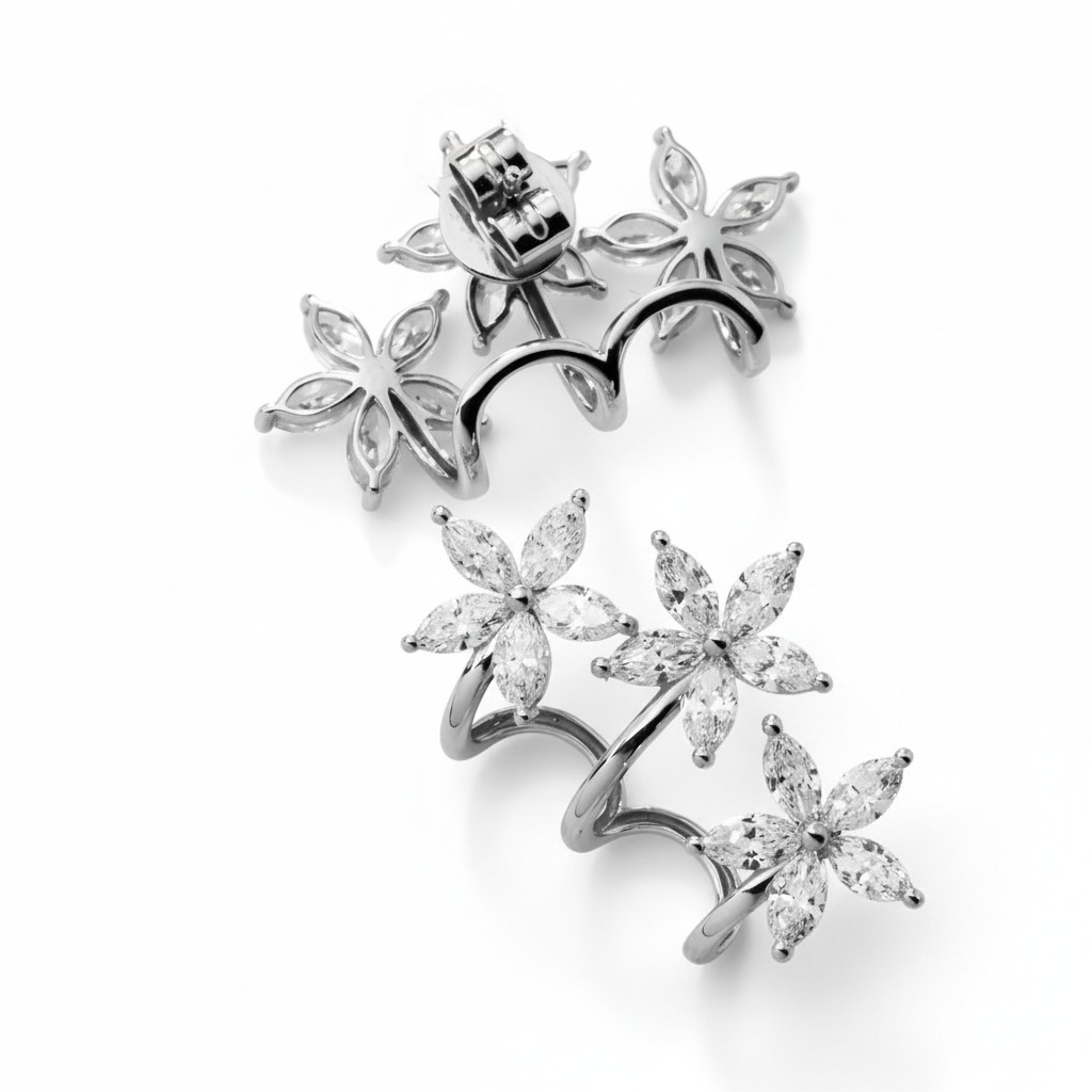 S925 Silver Marquise Cut Diamond Flower Climber Earrings