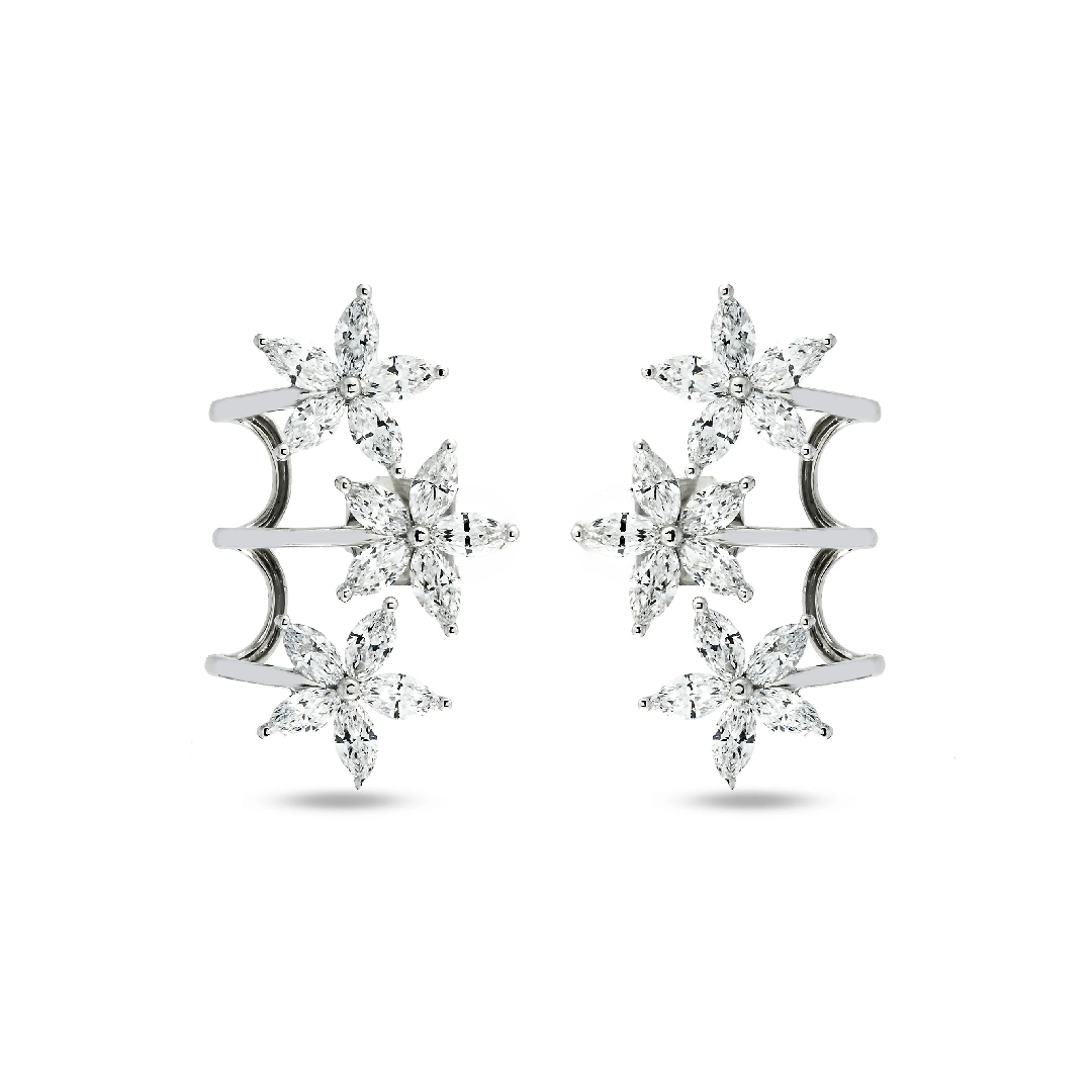 S925 Silver Marquise Cut Diamond Flower Climber Earrings