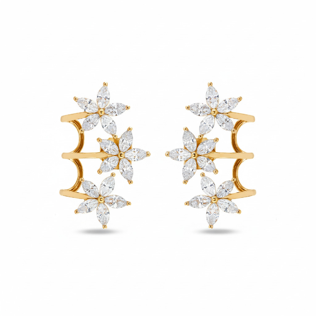S925 Silver Marquise Cut Diamond Flower Climber Earrings