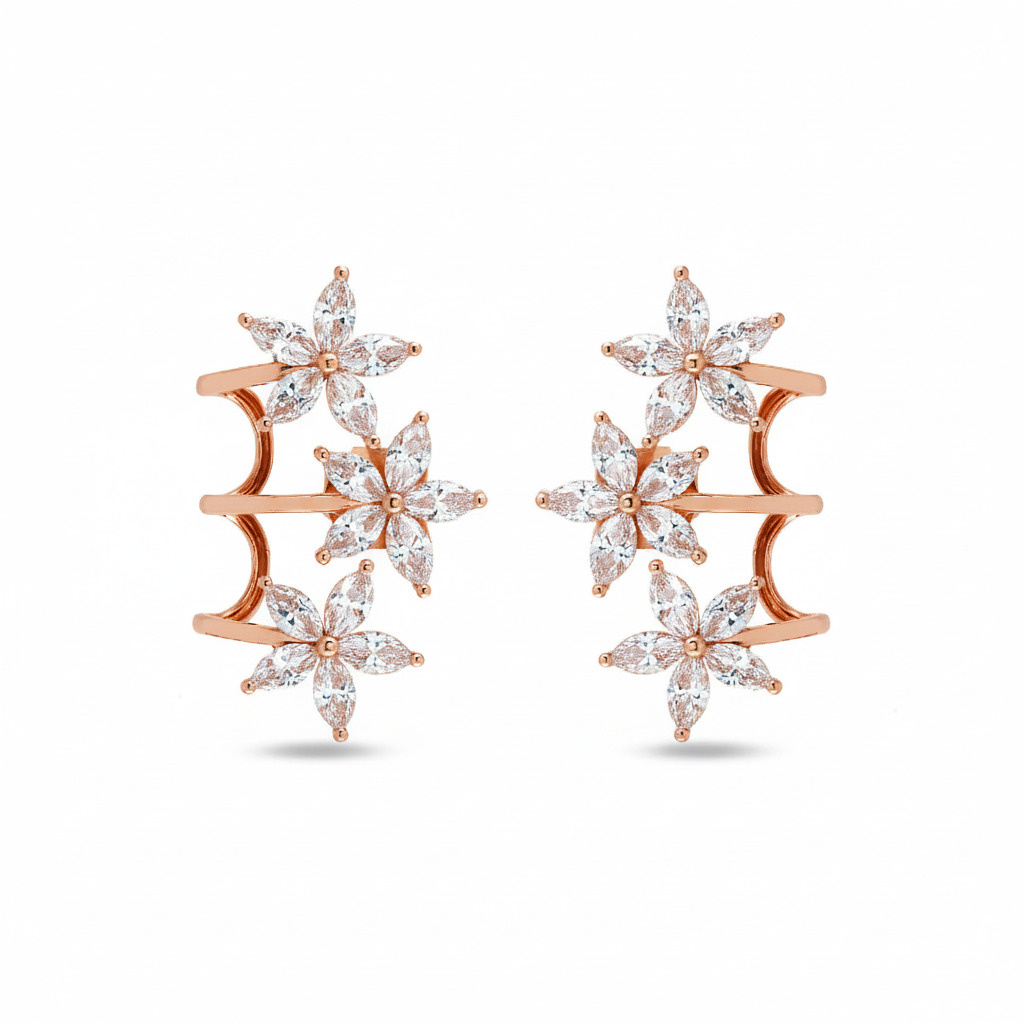 S925 Silver Marquise Cut Diamond Flower Climber Earrings