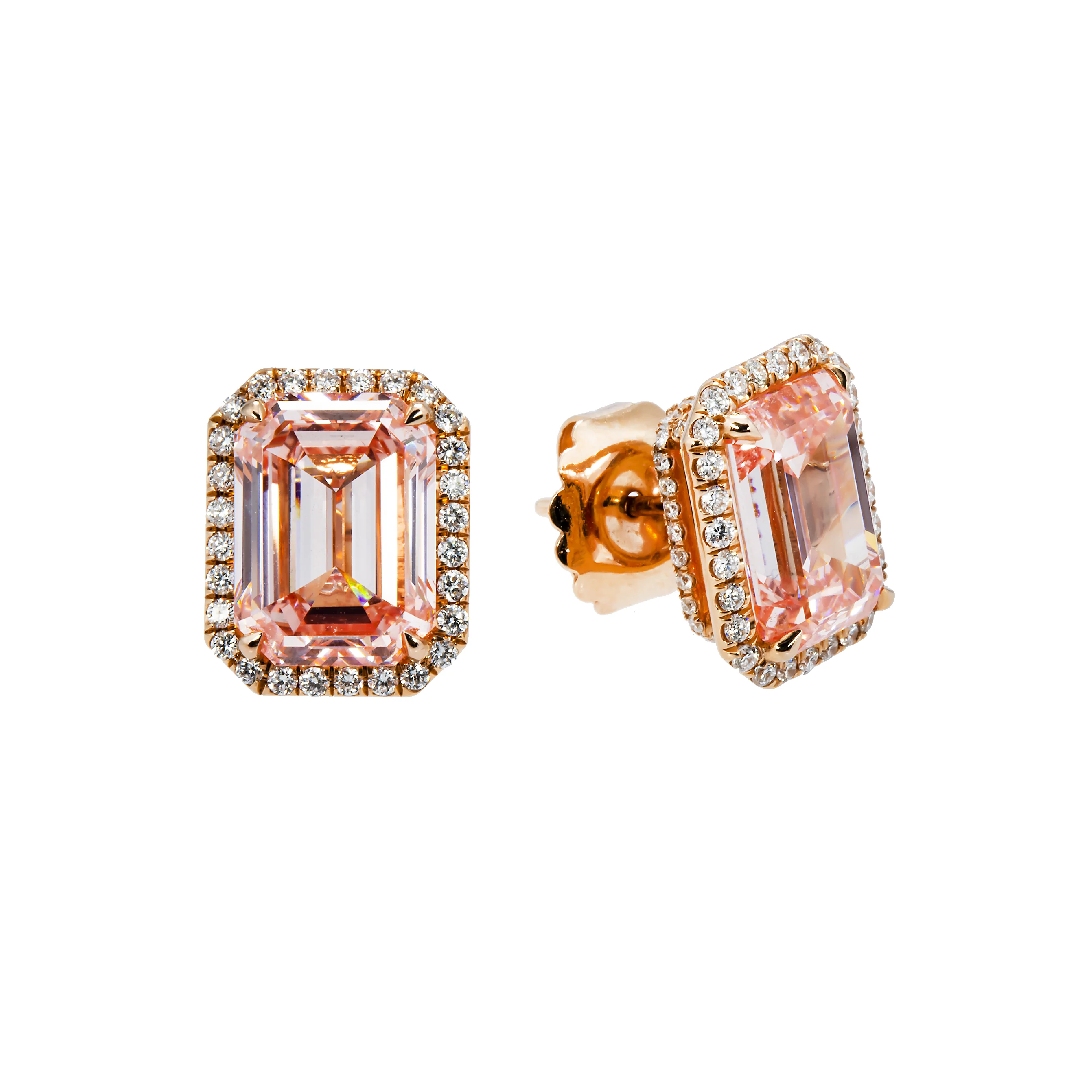 S925 Silver Emerald Cut Pink Diamond Stud Earrings
