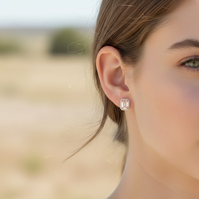 S925 Silver Emerald Cut Pink Diamond Stud Earrings