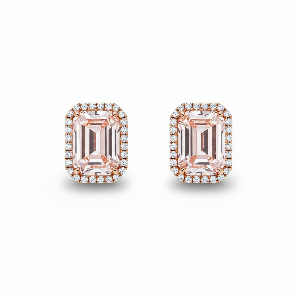 S925 Silver Emerald Cut Pink Diamond Stud Earrings