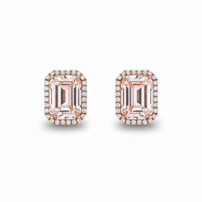 S925 Silver Emerald Cut Pink Diamond Stud Earrings