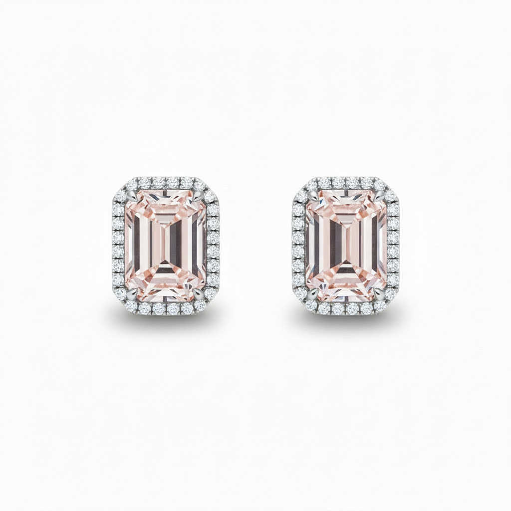 S925 Silver Emerald Cut Pink Diamond Stud Earrings