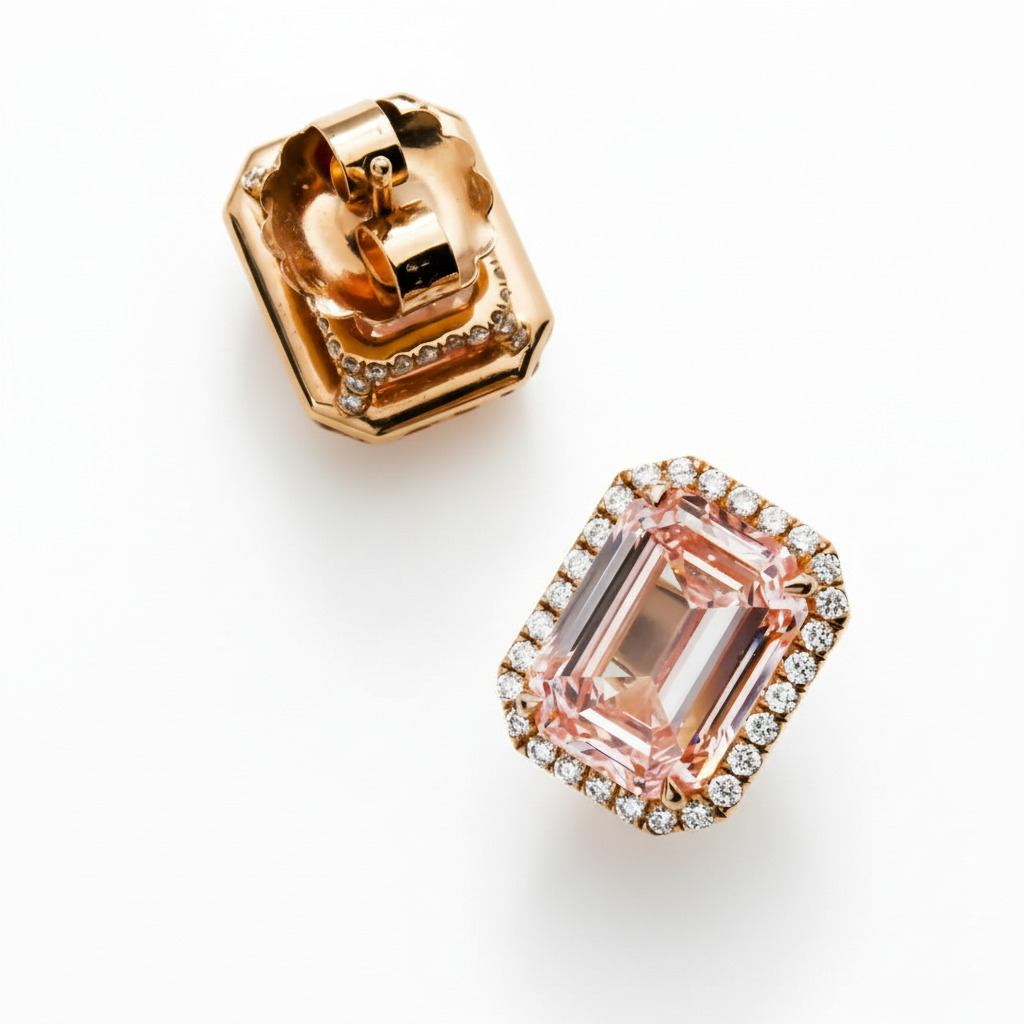 S925 Silver Emerald Cut Pink Diamond Stud Earrings