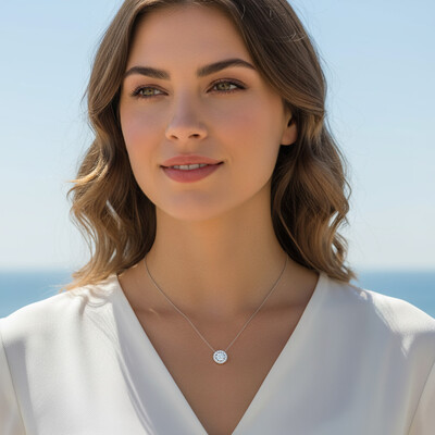 S925 Silver Round Diamond Solitaire Floral Pendant Necklace