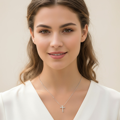 S925 Silver Round Diamond Cross Pendant Necklace