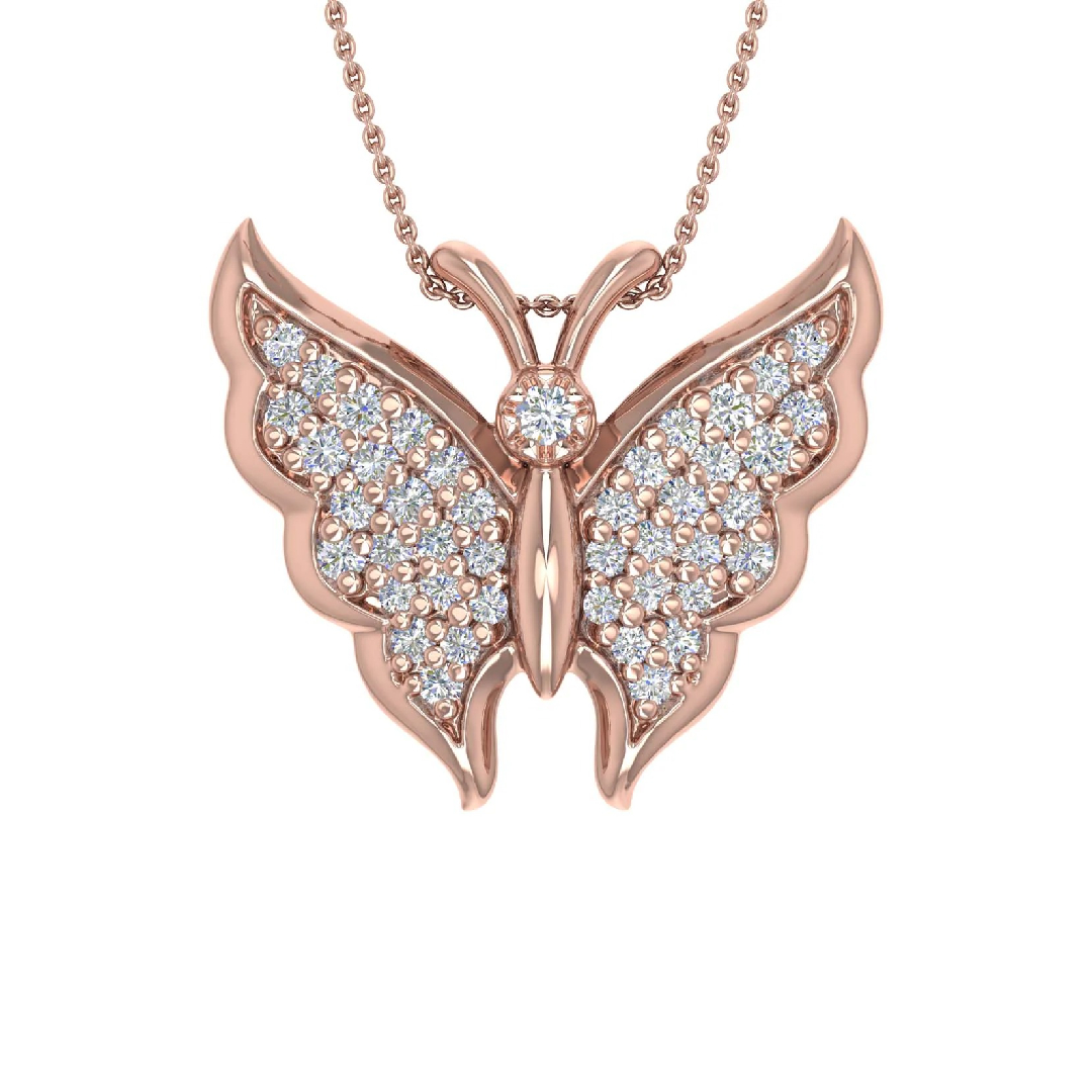 S925 Silver Round Diamond Butterfly Pendant Necklace
