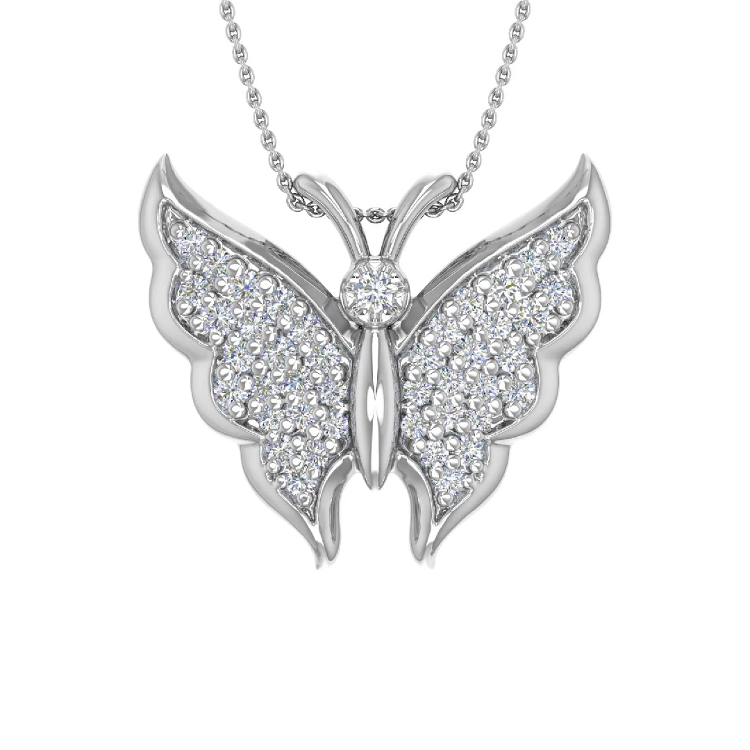 S925 Silver Round Diamond Butterfly Pendant Necklace