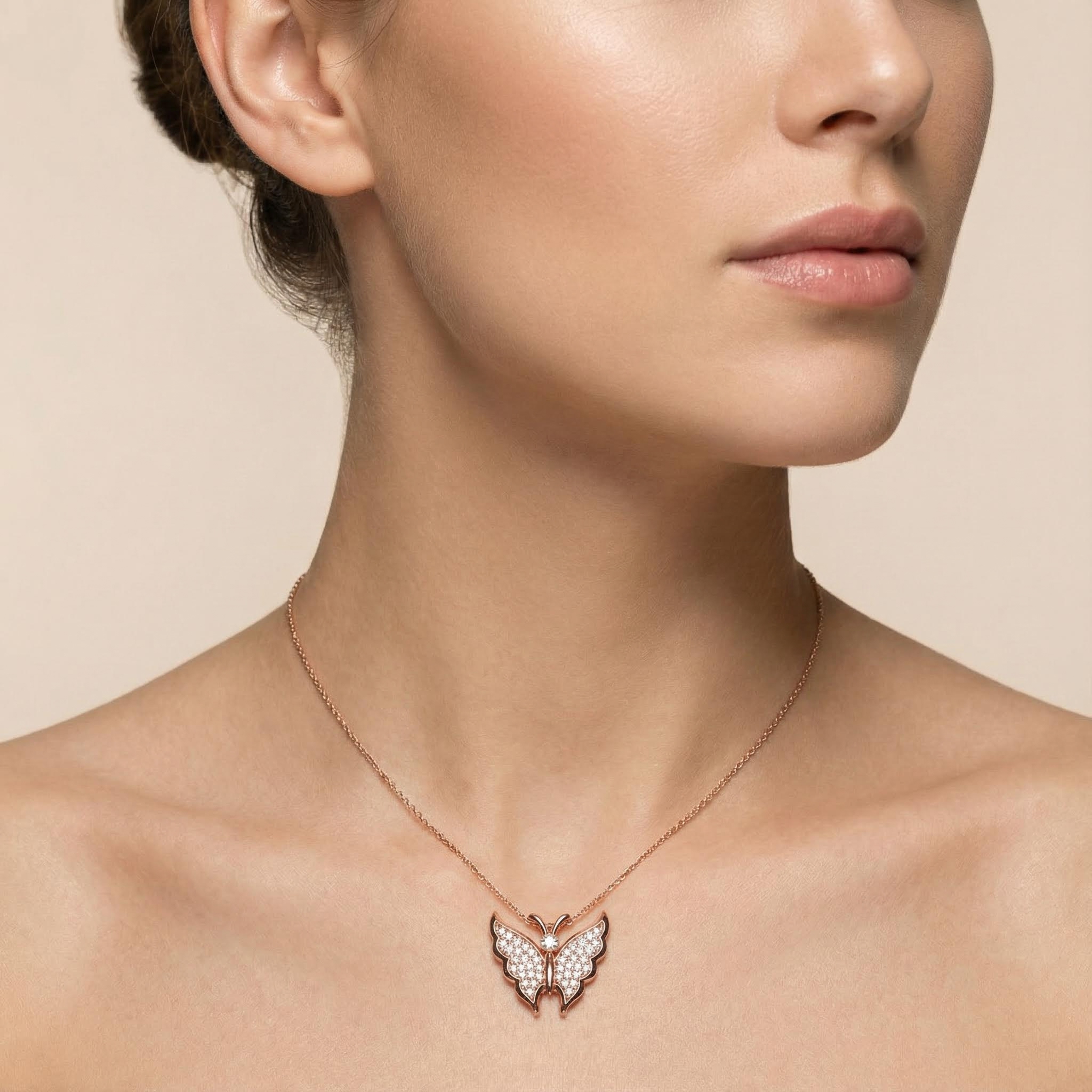 S925 Silver Round Diamond Butterfly Pendant Necklace