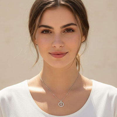 S925 Silver Cross within Circle Diamond Pendant Necklace