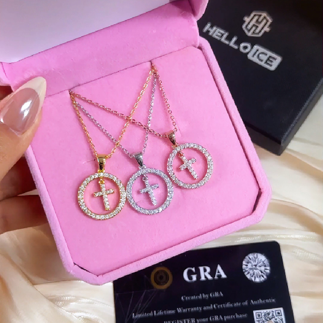 S925 Silver Cross within Circle Diamond Pendant Necklace