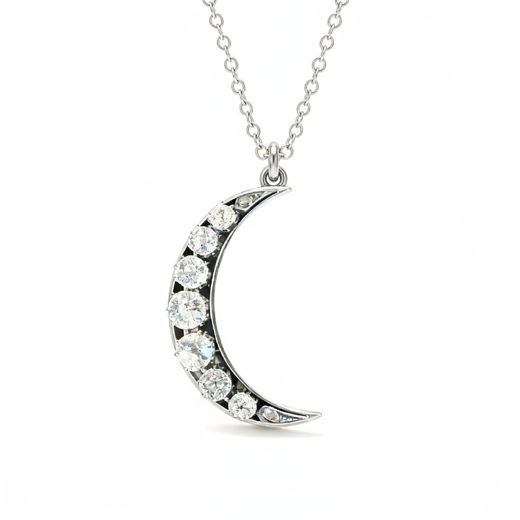 S925 Silver Round Diamond Moon Shaped Pendant Necklace