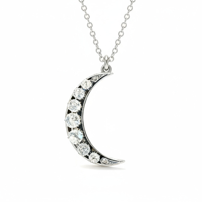 S925 Silver Round Diamond Moon Shaped Pendant Necklace