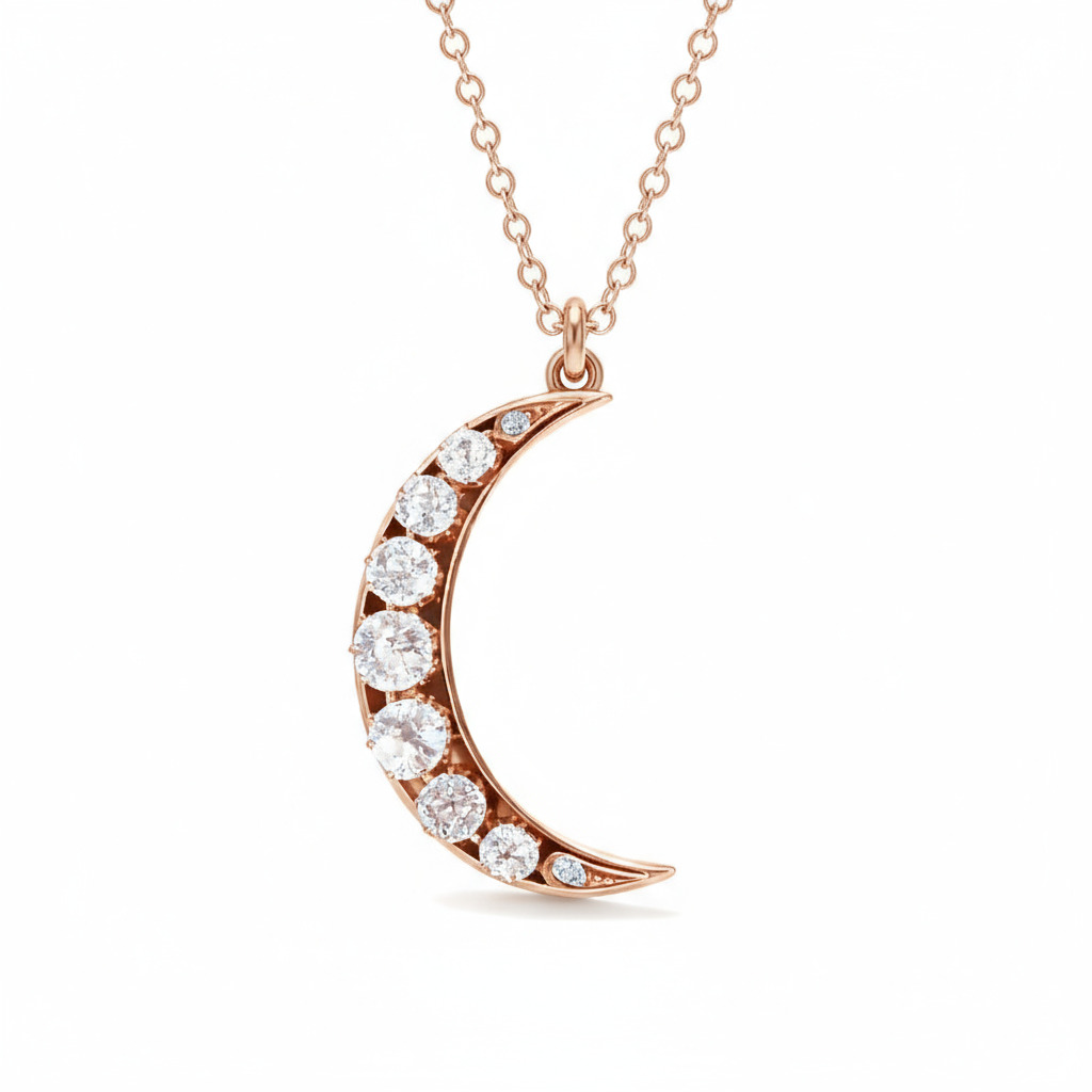 S925 Silver Round Diamond Moon Shaped Pendant Necklace