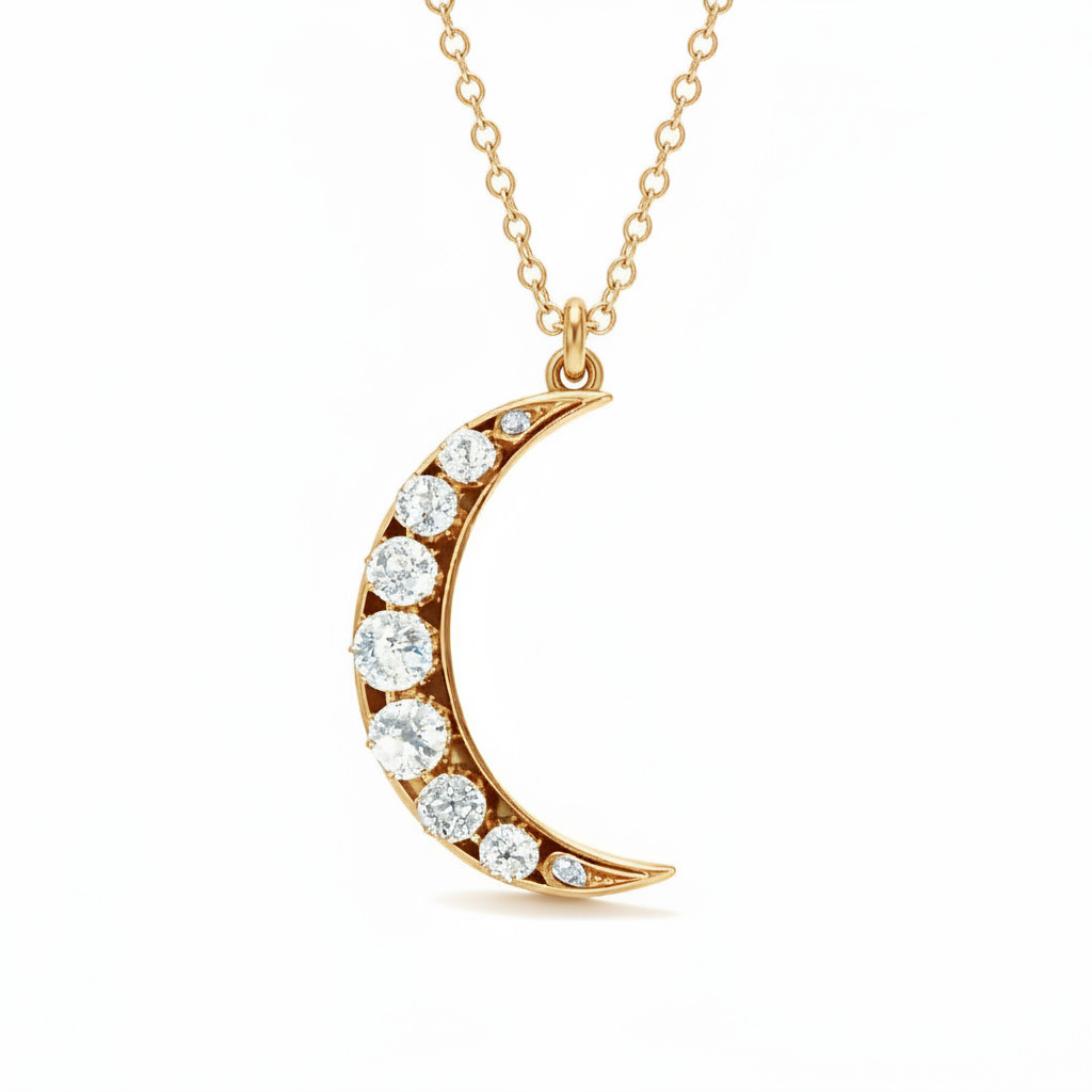 S925 Silver Round Diamond Moon Shaped Pendant Necklace