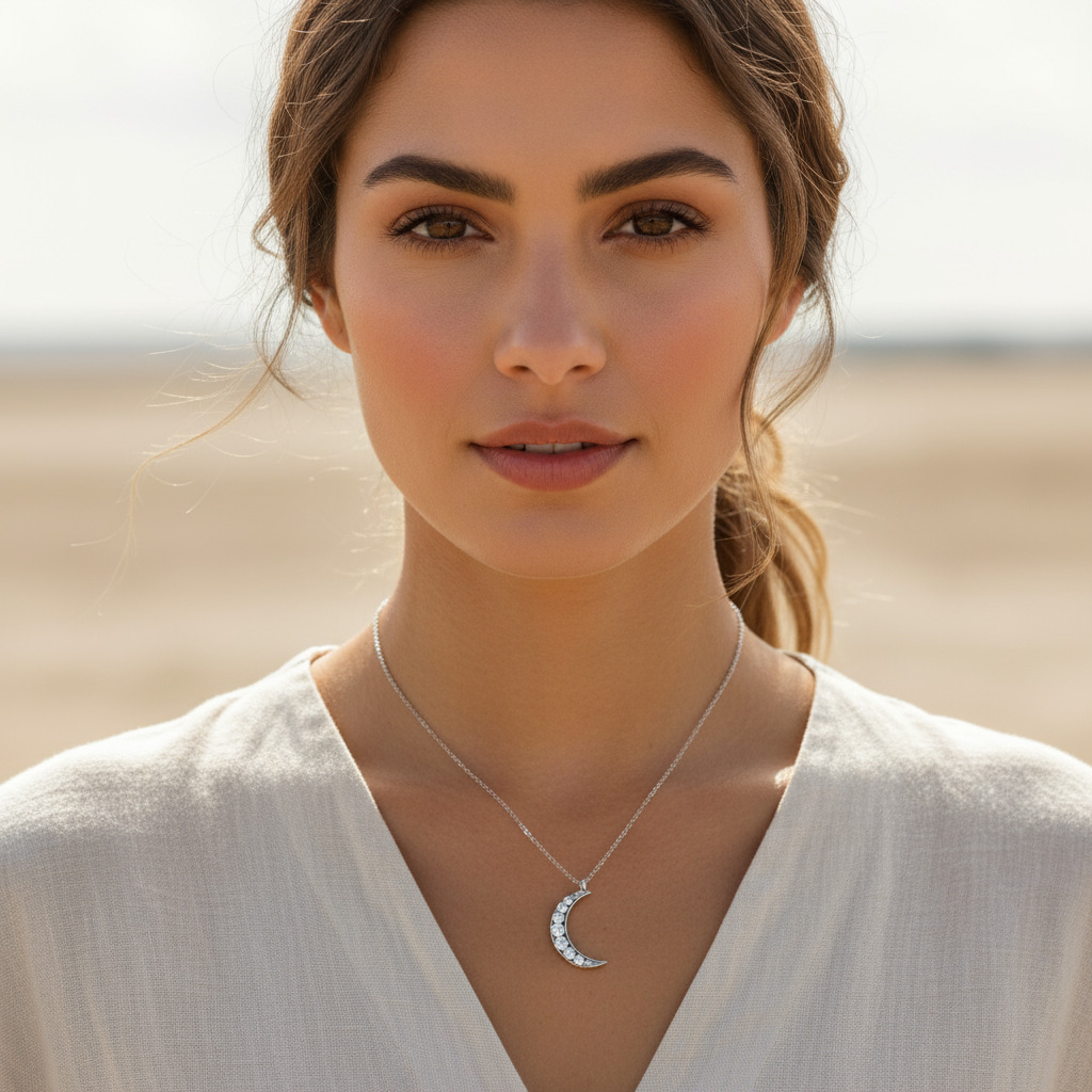 S925 Silver Round Diamond Moon Shaped Pendant Necklace