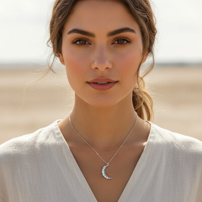 S925 Silver Round Diamond Moon Shaped Pendant Necklace