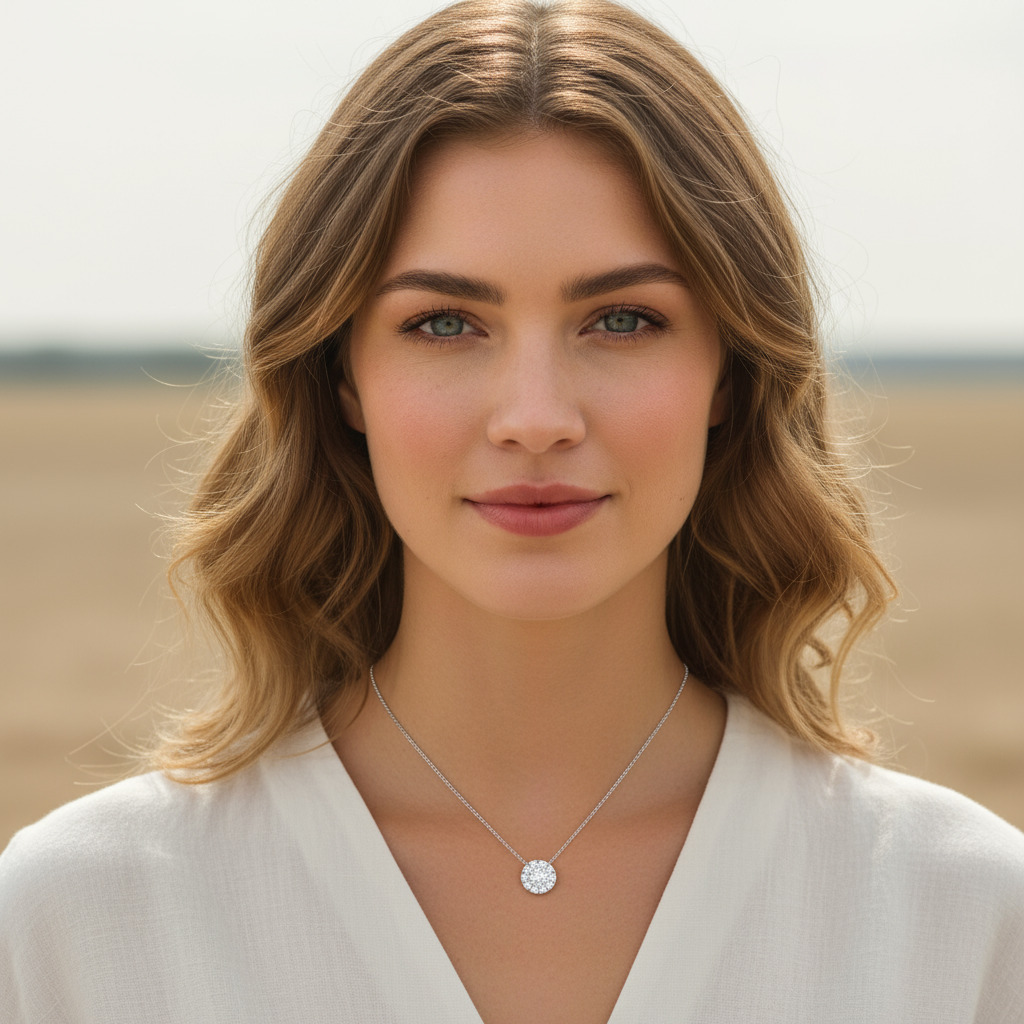 S925 Silver Round Diamond Cluster Pendant Necklace