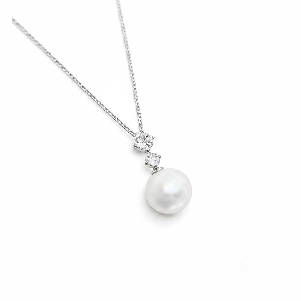 S925 Silver Round Diamond & Pearl Necklace
