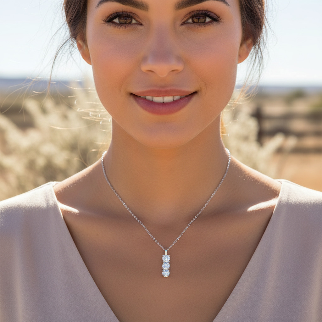 1.5CT Round Cut VVS Moissanite S925 Silver Three Stone Pendant Necklace