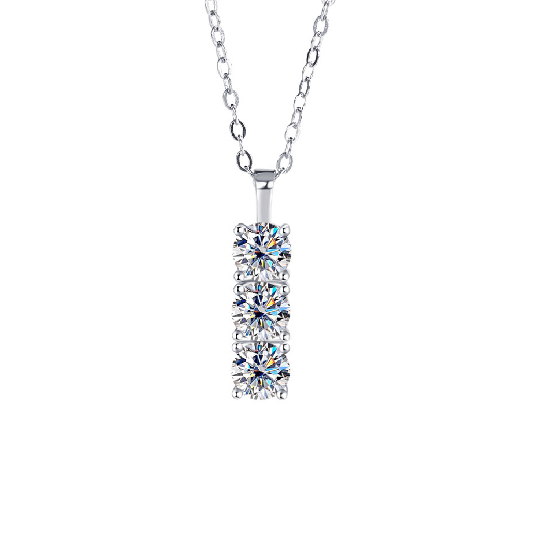 1.5CT Round Cut VVS Moissanite S925 Silver Three Stone Pendant Necklace