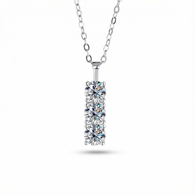 1.5CT Round Cut VVS Moissanite S925 Silver Three Stone Pendant Necklace
