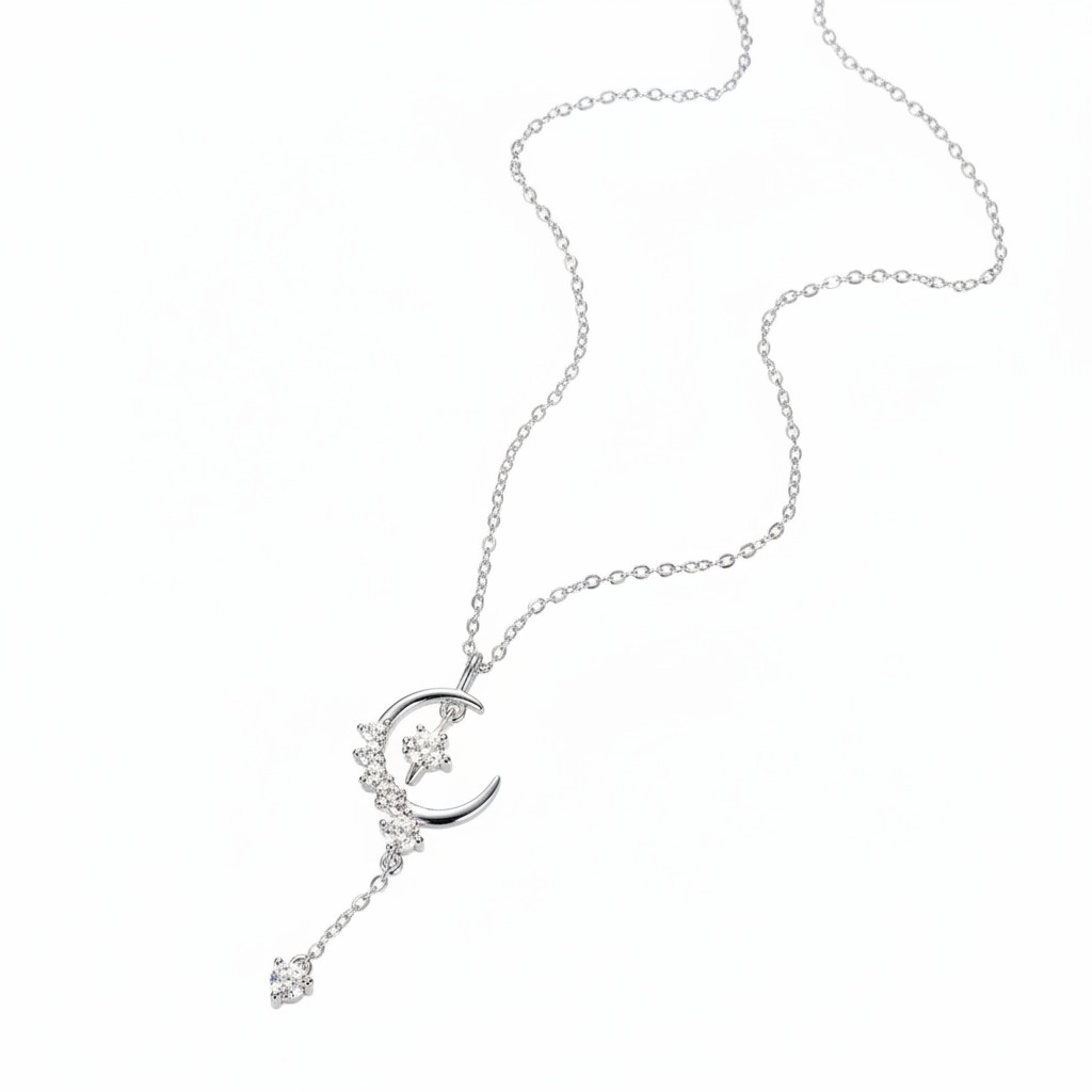 Crescent Round Cut VVS Moissanite S925 Silver Pendant Necklace