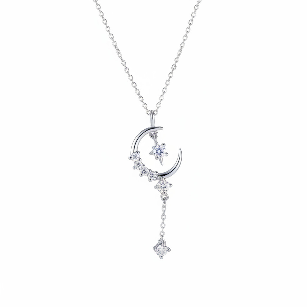 Crescent Round Cut VVS Moissanite S925 Silver Pendant Necklace