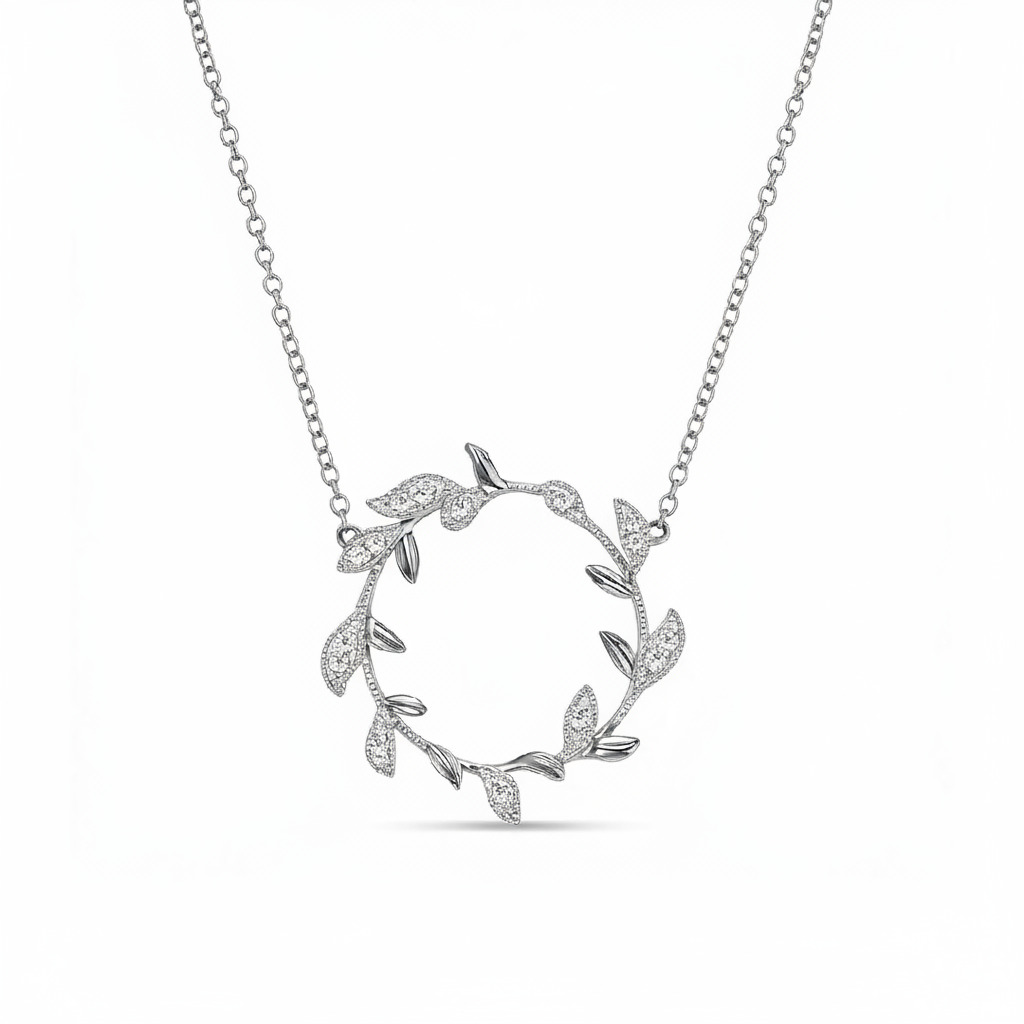 S925 Silver Leaf Circle Diamond Necklace Pendant