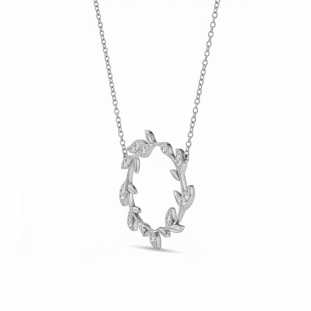 S925 Silver Leaf Circle Diamond Necklace Pendant